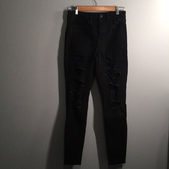 American Eagle jeans women's sz 6 black destroyed holes stretch hi-rise jegging - Picture 3 of 16